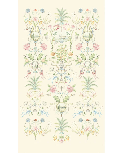 Bird & Blossom Grand Mural wall mural by Eijffinger, symmetrical chinoiserie of birds, palms and pastel flowers on a soft cream ground, full panel.