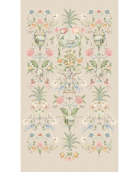 Bird & Blossom Grand Mural by Eijffinger, same chinoiserie of birds, palms and pink florals shown on a warm taupe-grey ground, full panel.