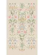 Bird & Blossom Grand Mural by Eijffinger, same chinoiserie of birds, palms and pink florals shown on a warm taupe-grey ground, full panel.