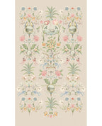 Bird & Blossom Grand Mural by Eijffinger, same chinoiserie of birds, palms and pink florals shown on a warm taupe-grey ground, full panel.