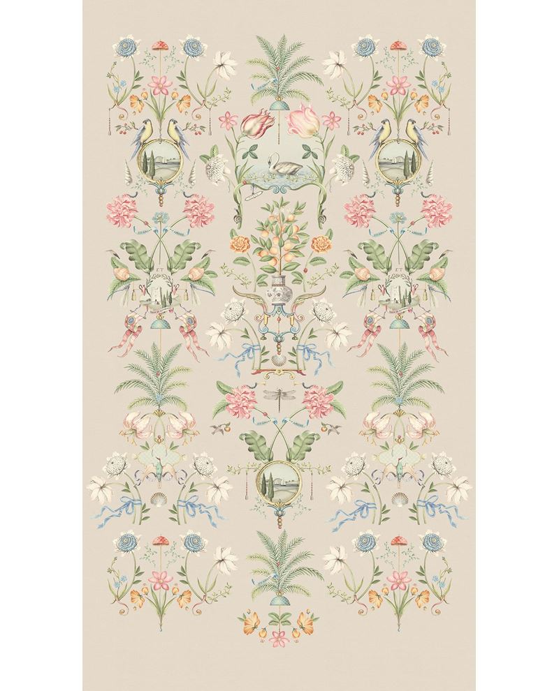 Bird & Blossom Grand Mural by Eijffinger, same chinoiserie of birds, palms and pink florals shown on a warm taupe-grey ground, full panel.