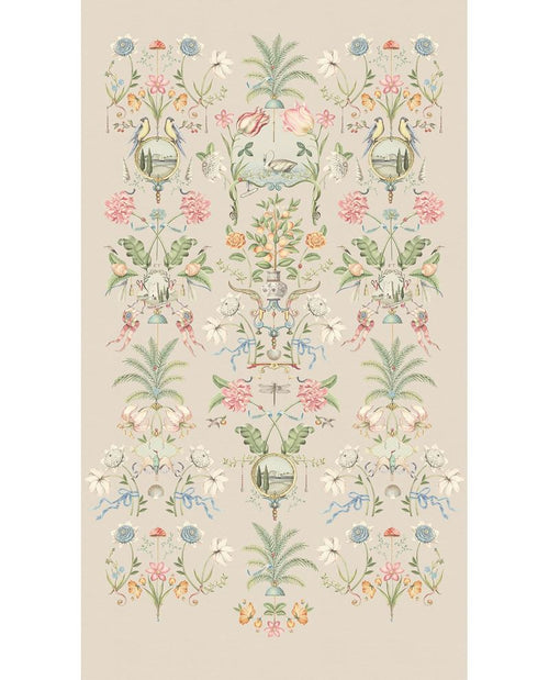 Bird & Blossom Grand Mural by Eijffinger, same chinoiserie of birds, palms and pink florals shown on a warm taupe-grey ground, full panel.
