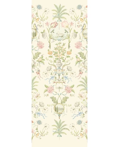 Bird & Blossom Mural wall mural by Eijffinger, vertical chinoiserie panel of birds, palms and pastel blooms on a cream ground.