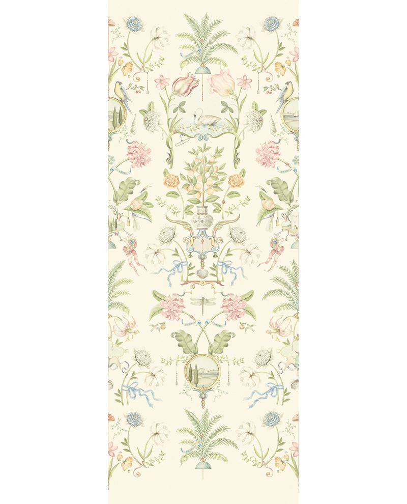 Bird & Blossom Mural wall mural by Eijffinger, vertical chinoiserie panel of birds, palms and pastel blooms on a cream ground.