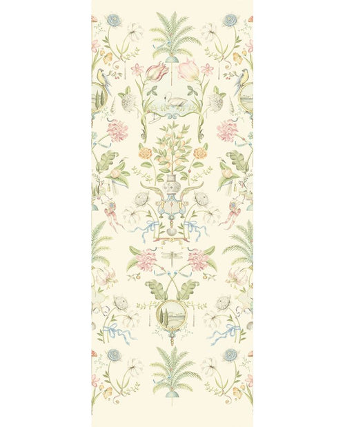 Bird & Blossom Mural wall mural by Eijffinger, vertical chinoiserie panel of birds, palms and pastel blooms on a cream ground.