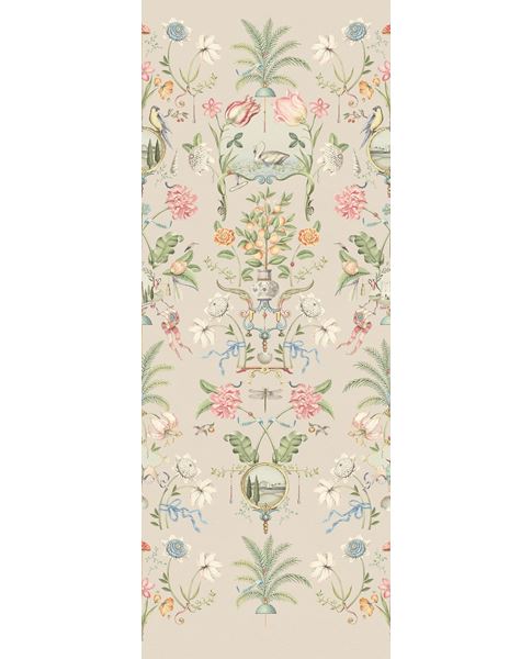 Bird & Blossom Mural by Eijffinger, same vertical chinoiserie of birds and florals shown on a soft taupe-grey ground.