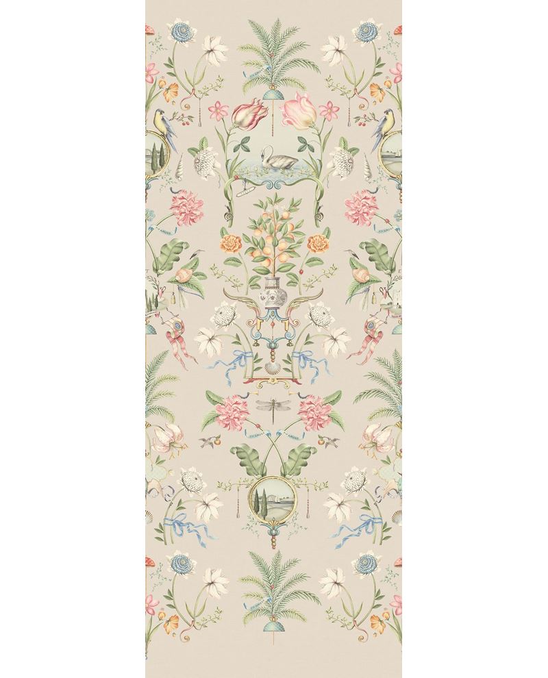 Bird & Blossom Mural by Eijffinger, same vertical chinoiserie of birds and florals shown on a soft taupe-grey ground.