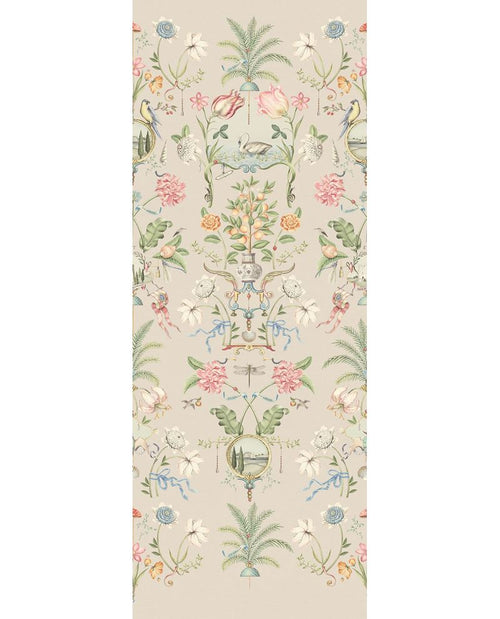 Bird & Blossom Mural by Eijffinger, same vertical chinoiserie of birds and florals shown on a soft taupe-grey ground.
