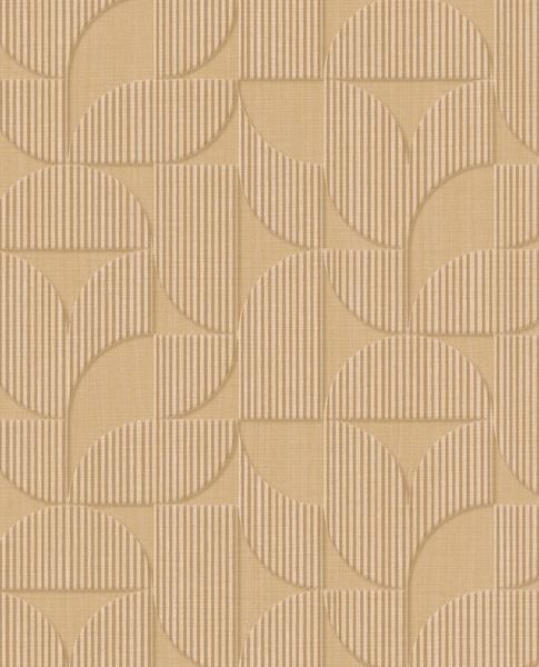 Petal Relief wallpaper by Eijffinger, flat swatch of a retro geometric petal motif with embossed stripes in sandy wheat beige.