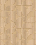 Petal Relief wallpaper by Eijffinger, flat swatch of a retro geometric petal motif with embossed stripes in sandy wheat beige.