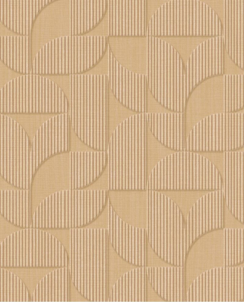 Petal Relief wallpaper by Eijffinger, flat swatch of a retro geometric petal motif with embossed stripes in sandy wheat beige.