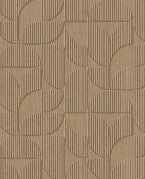 Petal Relief wallpaper by Eijffinger, flat swatch of the retro embossed petal geometric in warm camel taupe.