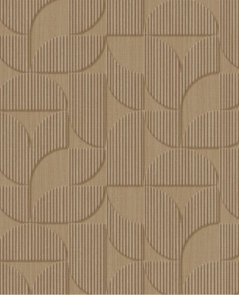 Petal Relief wallpaper by Eijffinger, flat swatch of the retro embossed petal geometric in warm camel taupe.
