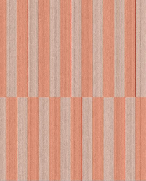 Cabana Stripe wallpaper by Eijffinger, flat swatch of bold vertical block stripes in coral orange and soft taupe.