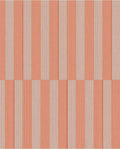 Cabana Stripe wallpaper by Eijffinger, flat swatch of bold vertical block stripes in coral orange and soft taupe.