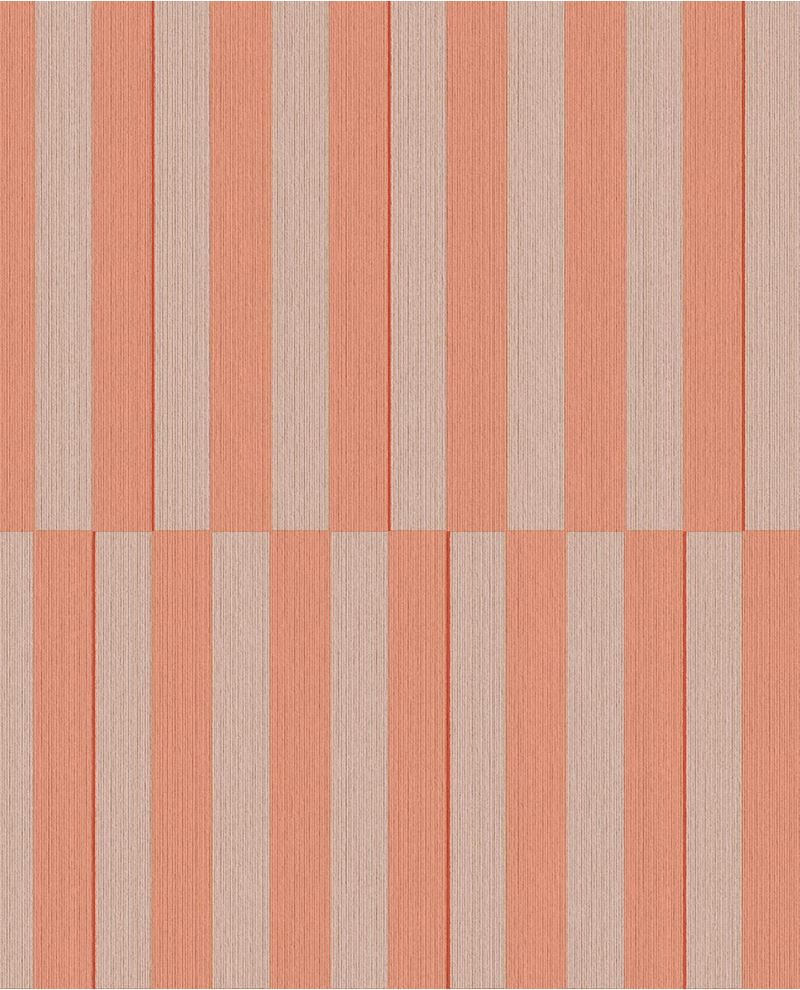 Cabana Stripe wallpaper by Eijffinger, flat swatch of bold vertical block stripes in coral orange and soft taupe.