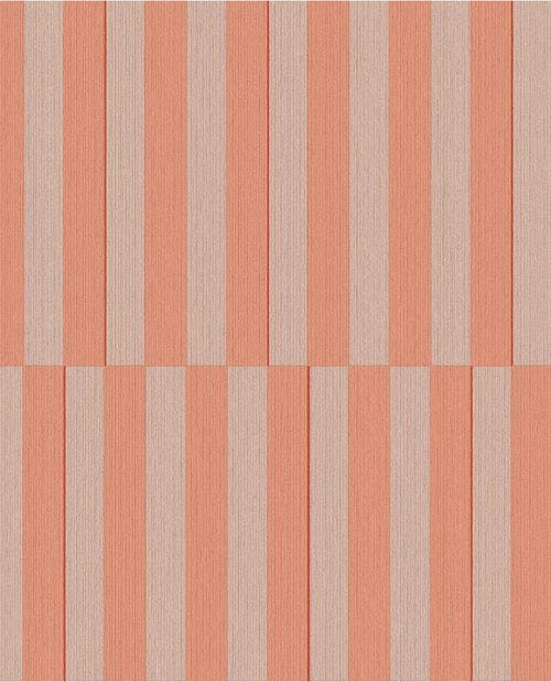 Cabana Stripe wallpaper by Eijffinger, flat swatch of bold vertical block stripes in coral orange and soft taupe.