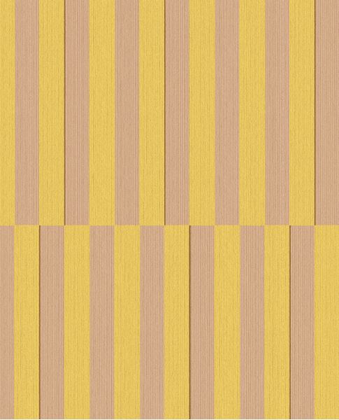 Cabana Stripe wallpaper by Eijffinger, flat swatch of vertical block stripes in sunny yellow and warm beige.