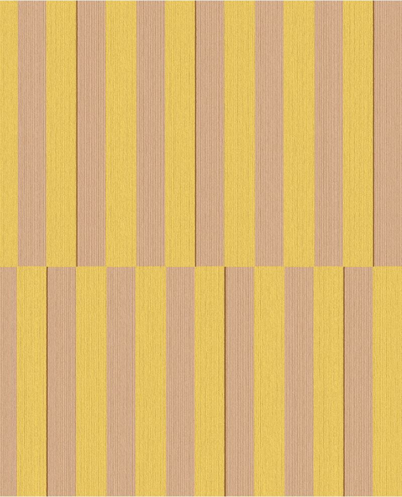 Cabana Stripe wallpaper by Eijffinger, flat swatch of vertical block stripes in sunny yellow and warm beige.