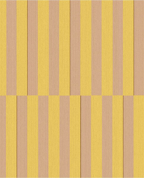 Cabana Stripe wallpaper by Eijffinger, flat swatch of vertical block stripes in sunny yellow and warm beige.