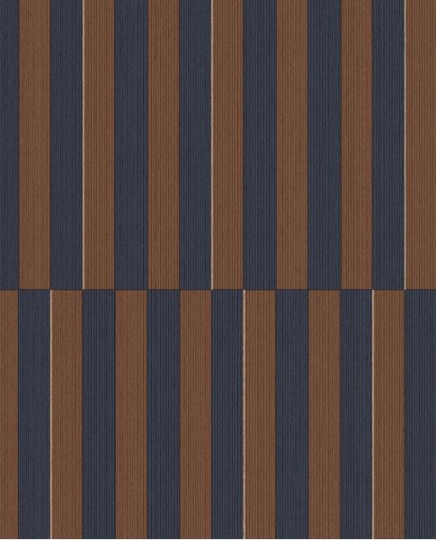 Cabana Stripe wallpaper by Eijffinger, flat swatch of vertical block stripes in navy blue and rust brown.