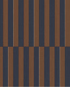Cabana Stripe wallpaper by Eijffinger, flat swatch of vertical block stripes in navy blue and rust brown.