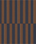 Cabana Stripe wallpaper by Eijffinger, flat swatch of vertical block stripes in navy blue and rust brown.