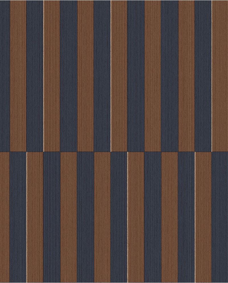 Cabana Stripe wallpaper by Eijffinger, flat swatch of vertical block stripes in navy blue and rust brown.