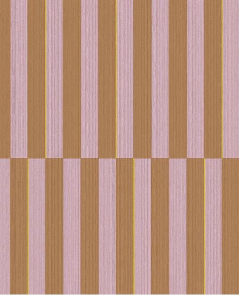 Cabana Stripe wallpaper by Eijffinger, flat swatch of vertical block stripes in lilac pink and caramel with a yellow pinstripe.