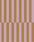 Cabana Stripe wallpaper by Eijffinger, flat swatch of vertical block stripes in lilac pink and caramel with a yellow pinstripe.