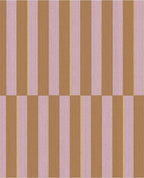 Cabana Stripe wallpaper by Eijffinger, flat swatch of vertical block stripes in lilac pink and caramel with a yellow pinstripe.