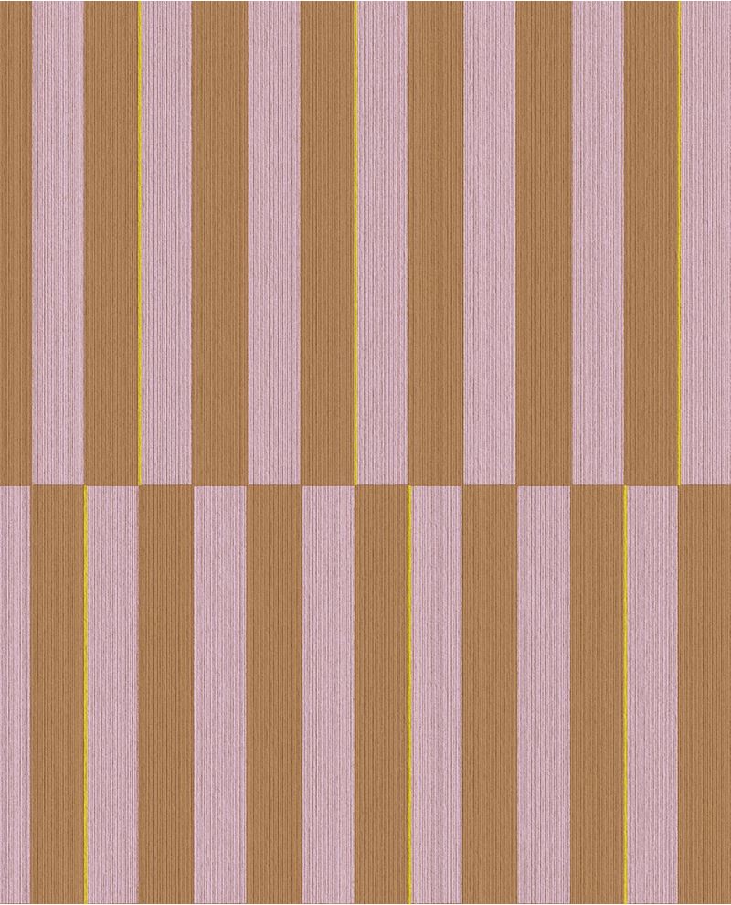 Cabana Stripe wallpaper by Eijffinger, flat swatch of vertical block stripes in lilac pink and caramel with a yellow pinstripe.