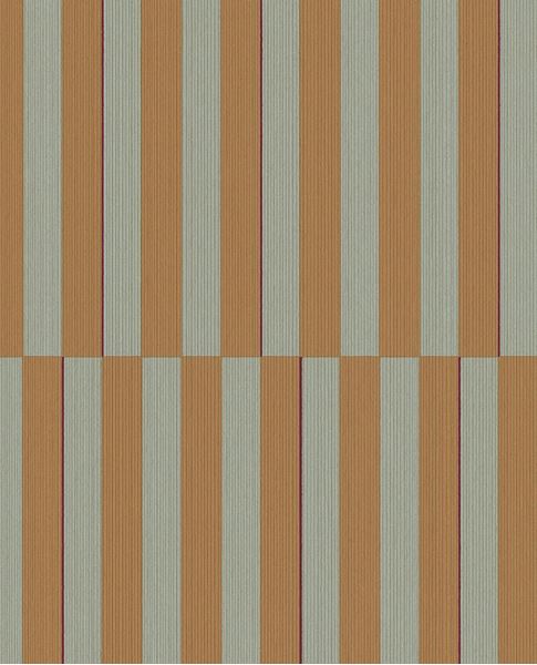 Cabana Stripe wallpaper by Eijffinger, flat swatch of vertical block stripes in sage green and ochre tan with a fine maroon line.