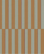 Cabana Stripe wallpaper by Eijffinger, flat swatch of vertical block stripes in sage green and ochre tan with a fine maroon line.