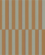 Cabana Stripe wallpaper by Eijffinger, flat swatch of vertical block stripes in sage green and ochre tan with a fine maroon line.