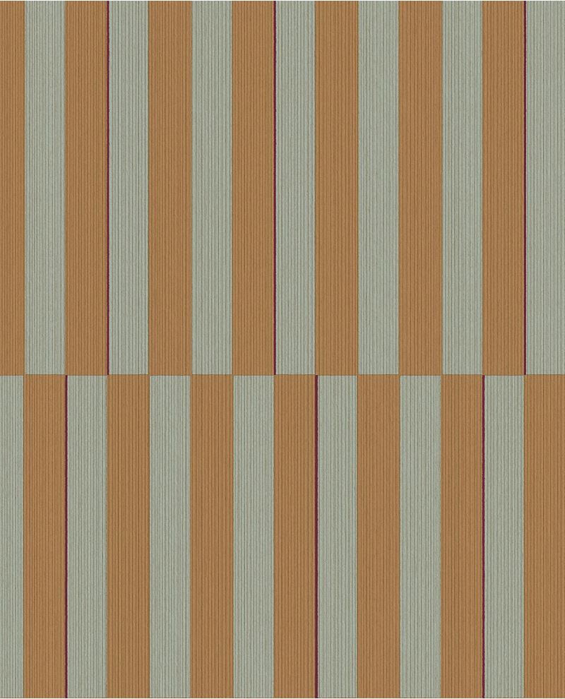 Cabana Stripe wallpaper by Eijffinger, flat swatch of vertical block stripes in sage green and ochre tan with a fine maroon line.