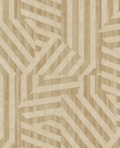 Deco Maze wallpaper by Eijffinger, geometric interlocking stripe pattern in warm sand beige, flat swatch close-up