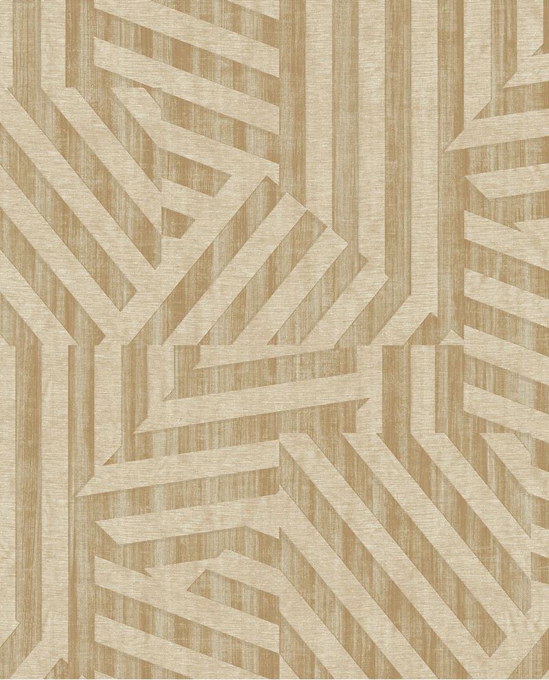 Deco Maze wallpaper by Eijffinger, geometric interlocking stripe pattern in warm sand beige, flat swatch close-up