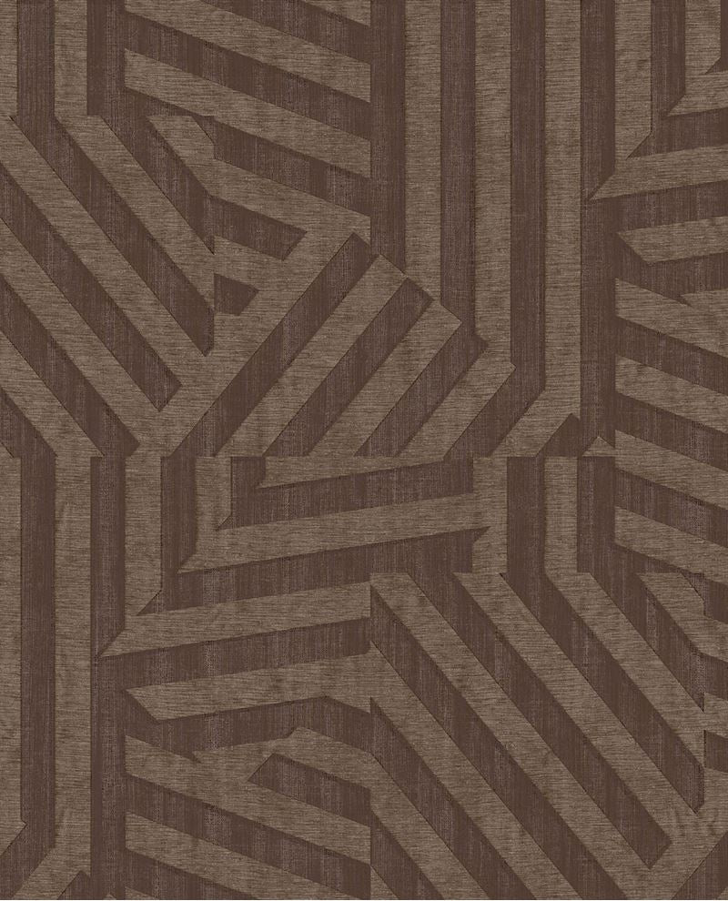 Deco Maze wallpaper by Eijffinger in deep chocolate brown, Art Deco interlocking line maze design, flat swatch