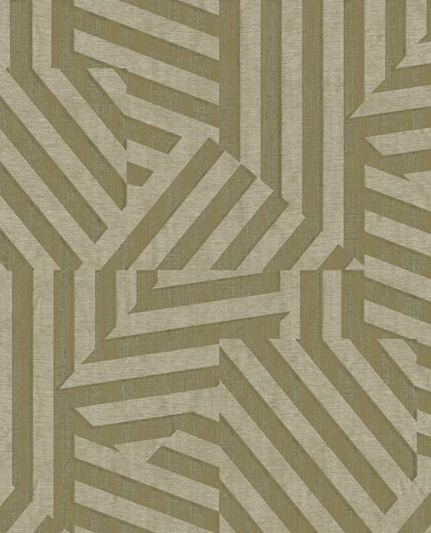 Deco Maze wallpaper by Eijffinger in olive khaki green, geometric striped maze motif, flat swatch close-up