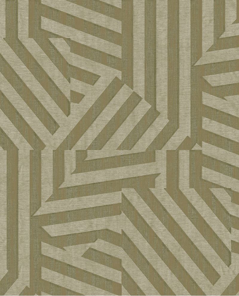 Deco Maze wallpaper by Eijffinger in olive khaki green, geometric striped maze motif, flat swatch close-up