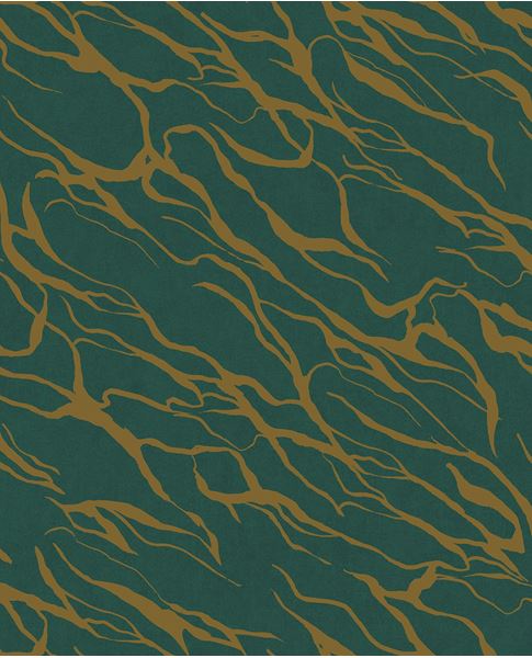 River Vein wallpaper by Eijffinger, gold veins on deep emerald green, streaming organic line design, flat swatch