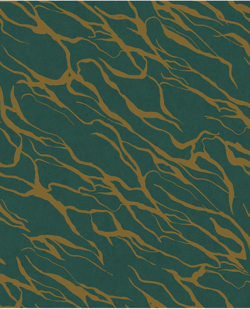 River Vein wallpaper by Eijffinger, gold veins on deep emerald green, streaming organic line design, flat swatch