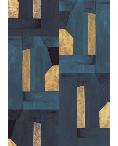 Gilded Block Mural wall mural by Eijffinger, geometric blocks in deep teal blue with brushed gold metallic accents, flat swatch
