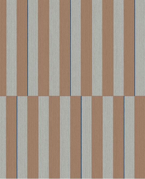Cabana Stripe wallpaper by Eijffinger, flat swatch of vertical block stripes in sage grey-green and tan clay with a thin blue line.