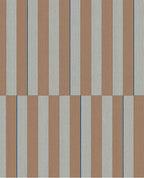 Cabana Stripe wallpaper by Eijffinger, flat swatch of vertical block stripes in sage grey-green and tan clay with a thin blue line.