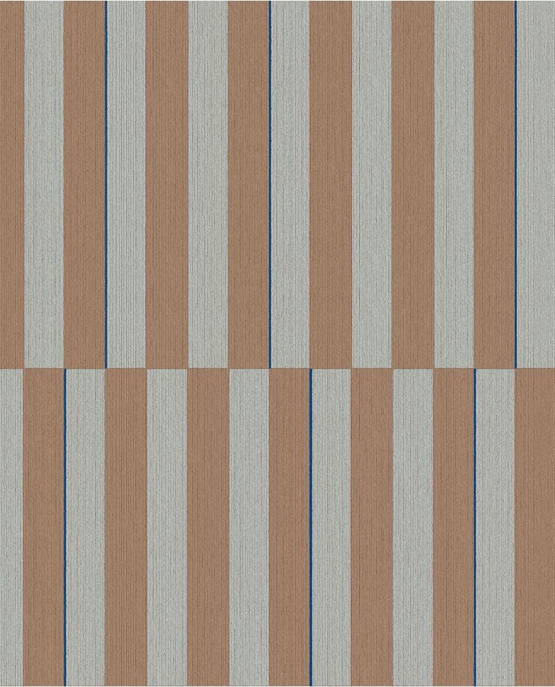 Cabana Stripe wallpaper by Eijffinger, flat swatch of vertical block stripes in sage grey-green and tan clay with a thin blue line.