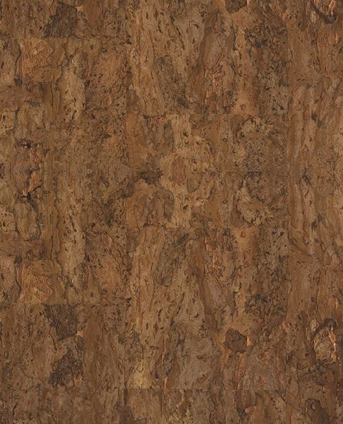 Natural Cork wallpaper by Eijffinger, flat swatch of cork texture in rich chestnut brown with deep bark mottling.