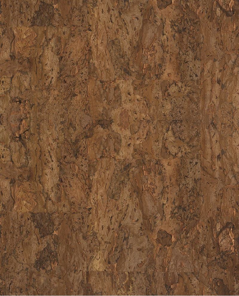 Natural Cork wallpaper by Eijffinger, flat swatch of cork texture in rich chestnut brown with deep bark mottling.
