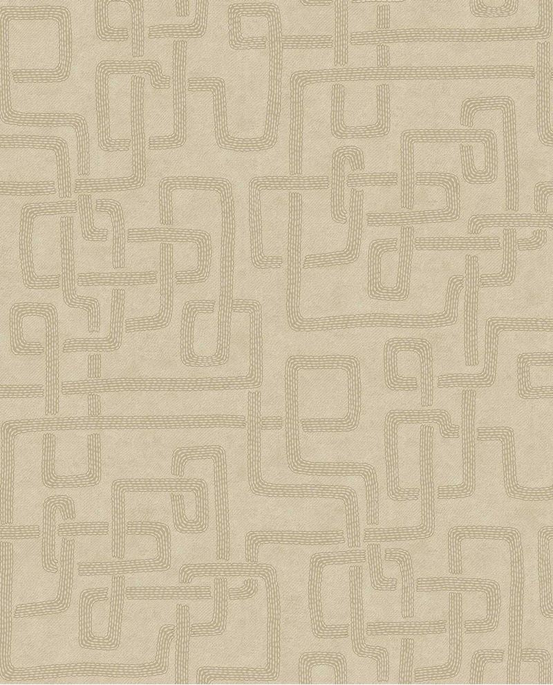 Stitched Maze wallpaper by Eijffinger, embroidered geometric maze motif in cream and soft beige, shown as a flat swatch